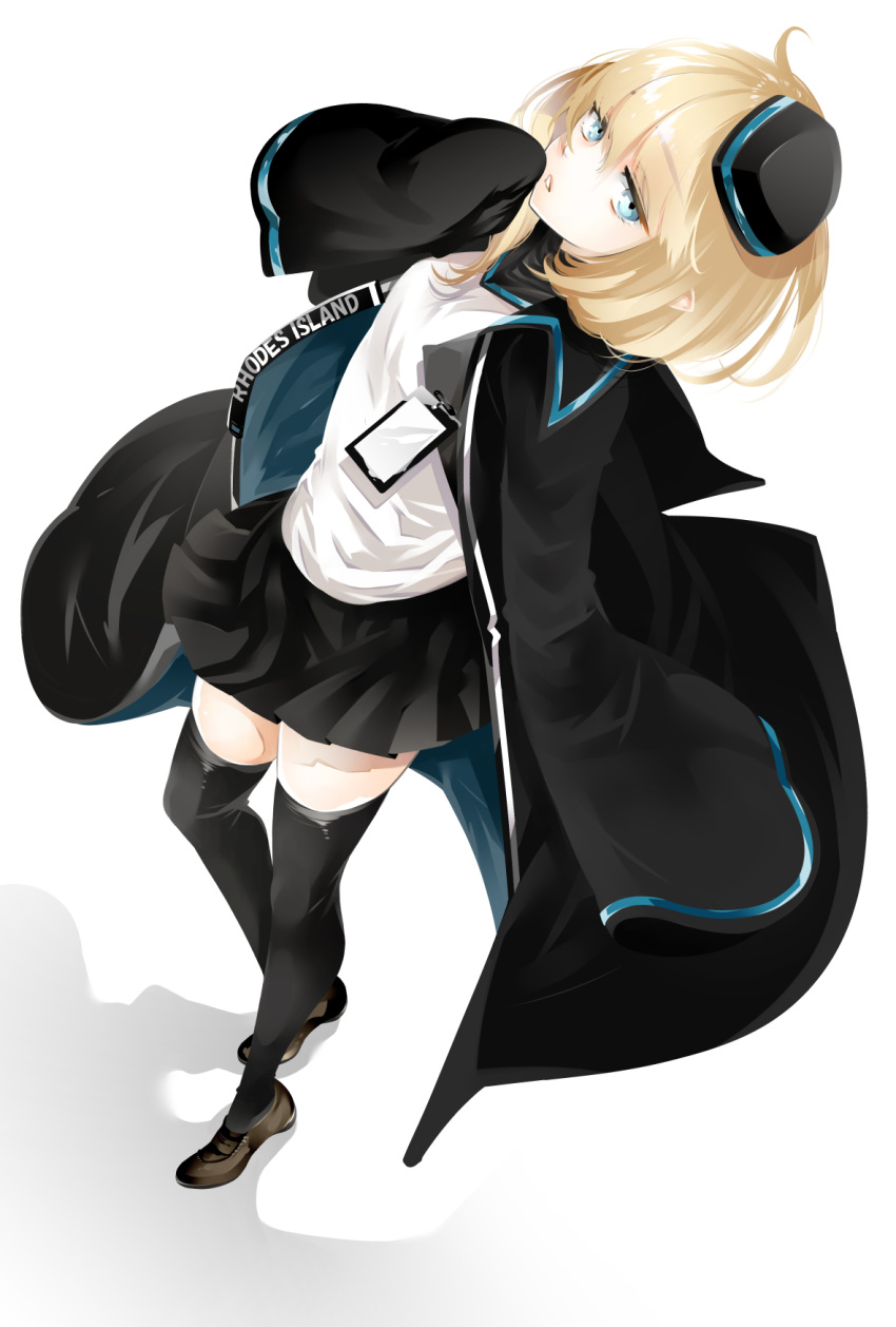 1girl amexame arknights bangs black_footwear black_headwear black_jacket black_legwear black_skirt blonde_hair blue_eyes commentary_request durin_(arknights) full_body garrison_cap hand_up hat highres jacket long_sleeves looking_at_viewer miniskirt open_clothes open_jacket parted_lips partial_commentary pleated_skirt shadow shirt shoes short_hair simple_background skirt sleeves_past_fingers sleeves_past_wrists solo standing thigh-highs white_background white_shirt wide_sleeves zettai_ryouiki