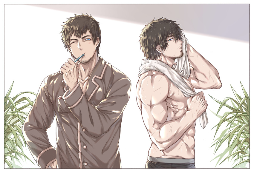 2boys abs adventurer_(ff14) ardbert_(ff14) bangs bara beard black_hair black_tank_top brown_hair brushing_teeth chest closed_eyes facial_hair final_fantasy final_fantasy_xiv food hair_between_eyes hand_on_hip highres ice_cream looking_at_another male_focus manly multiple_boys muscle one_eye_closed open_mouth pectorals revealing_clothes robe shiny shiny_hair stubble sweat tank_top toned toned_male towel upper_body white_background wiping_sweat zanki