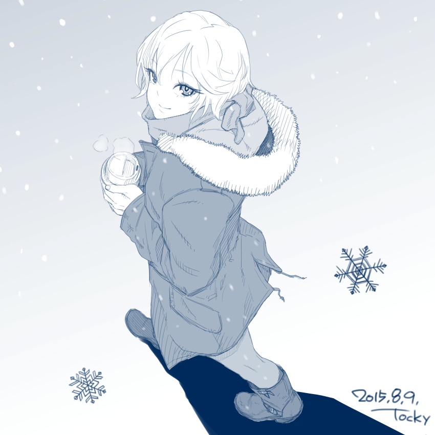 1girl absurdres anastasia_(idolmaster) blue_theme boots from_above from_side full_body highres holding hood hoodie hot_drink idolmaster idolmaster_cinderella_girls looking_at_viewer looking_up monochrome pantyhose short_hair simple_background smile snow snowflakes snowing solo steam sweater tocky walking