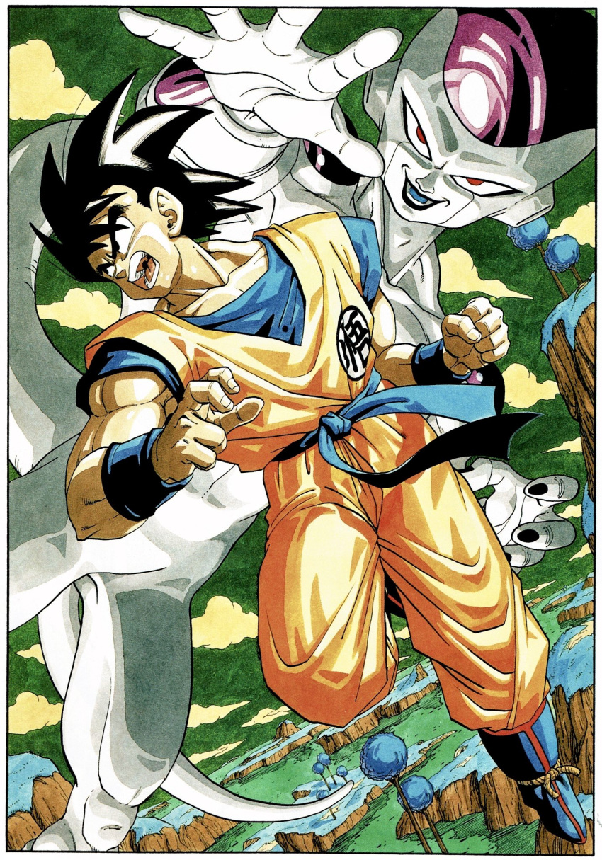 2boys angry black_hair blue_footwear boots border clenched_hand clothes_writing clouds cloudy_sky collarbone commentary dark_skin dark_skinned_male day dougi dragon_ball dragon_ball_z dutch_angle evil_smile fighting_stance fingernails frieza frown full_body grass green_sky highres island lake looking_at_viewer looking_to_the_side male_focus messy_hair multiple_boys muscle official_art open_mouth outdoors outstretched_hand red_eyes screaming shiny shiny_hair shiny_skin sky smile son_gokuu spiky_hair teeth toriyama_akira tree v-shaped_eyebrows water white_border