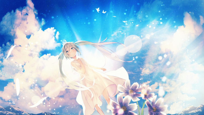 1girl absurdres animal backlighting bangs bare_arms bare_shoulders bird blue_sky blurry blurry_foreground blush clouds commentary_request day depth_of_field dress eyebrows_visible_through_hair flower fujiwara_mizuki grey_eyes grey_hair hair_between_eyes hand_up hatsune_miku highres long_hair mountain outdoors parted_lips purple_flower sky sleeveless sleeveless_dress solo standing sunlight twintails very_long_hair vocaloid white_dress