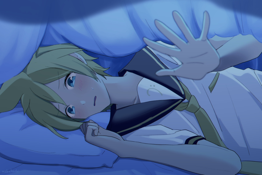 1boy bass_clef black_collar blanket blonde_hair blue_eyes blush collar collared_shirt commentary furrowed_eyebrows hand_up kagamine_len looking_at_viewer lying male_focus necktie nervous nokuhashi on_side open_mouth outstretched_hand pillow school_uniform shirt short_sleeves solo spiky_hair under_covers vocaloid white_shirt yellow_neckwear