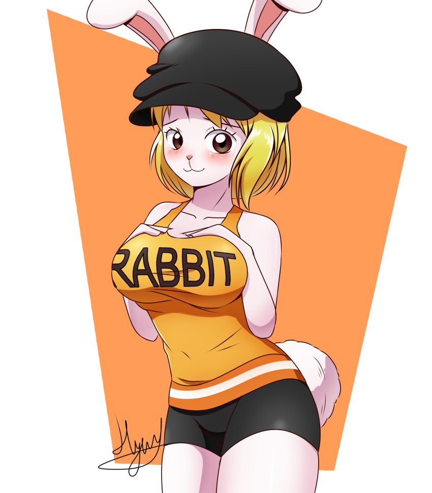 absurdres animal_ears bike_shorts black_headwear blonde_hair blush breasts brown_eyes bunny_girl bunny_nose bunny_tail carrot_(one_piece) furry hands_on_own_chest highres hyunh211 large_breasts one_piece rabbit_ears shirt signature tail tank_top tight_shirt white_skin