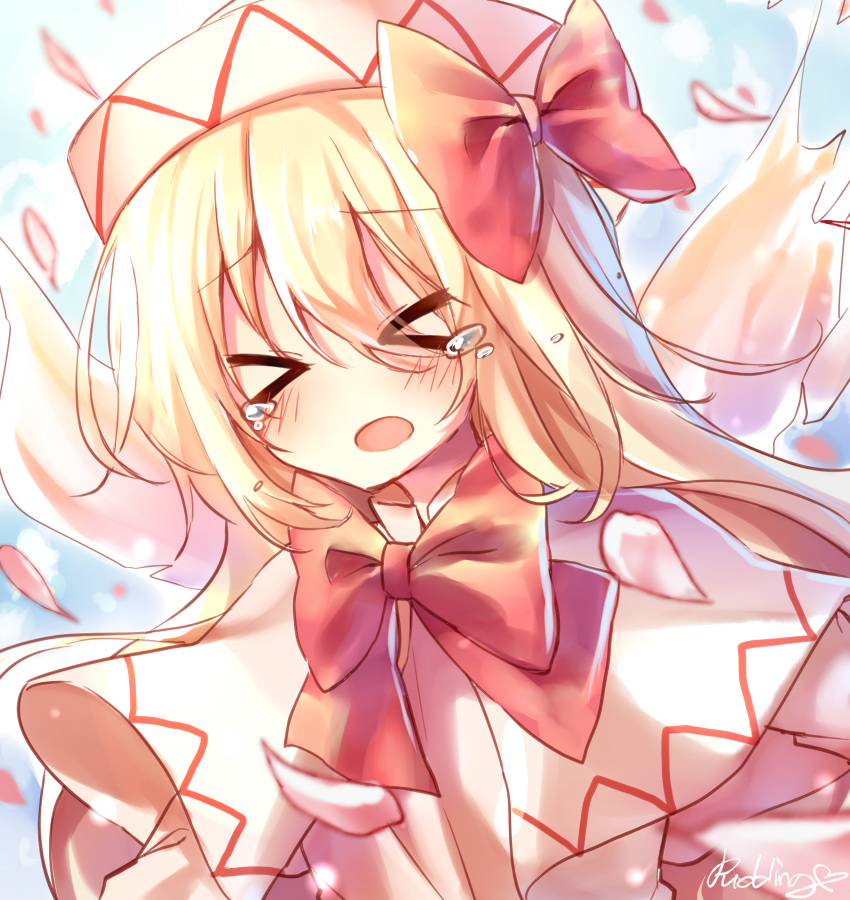 &gt;_&lt; 1girl artist_name bangs blonde_hair blush bow bowtie capelet crying dress eyebrows_visible_through_hair fairy_wings hair_between_eyes hat hat_bow highres light_particles lily_white long_hair open_mouth outdoors petals pudding_(skymint_028) red_bow red_neckwear signature sky solo tears touhou upper_body white_capelet white_dress white_headwear white_sleeves wings