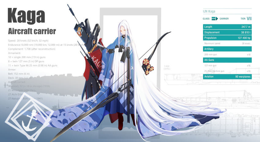 1girl absurdly_long_hair absurdres alternate_costume arrow_(projectile) black_gloves blue_kimono boots bow_(weapon) choker earrings english_text full_body gloves hakama highres holding holding_bow_(weapon) holding_weapon japanese_clothes jewelry kaga_(warship_girls_r) kimono long_hair quiver red_footwear solo standing very_long_hair warship_girls_r weapon white_hair white_hakama wide_sleeves wuzhuang_caikuangche yellow_eyes