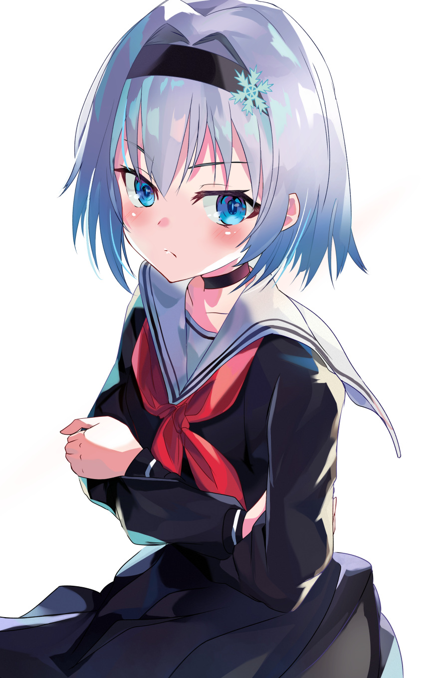 1girl absurdres black_choker black_hairband black_serafuku black_skirt blue_eyes blush choker eyebrows_visible_through_hair hair_between_eyes hair_ornament hairband highres red_neckwear ryuuou_no_oshigoto! same_(sendai623) school_uniform serafuku short_hair silver_hair skirt snowflake_hair_ornament solo sora_ginko