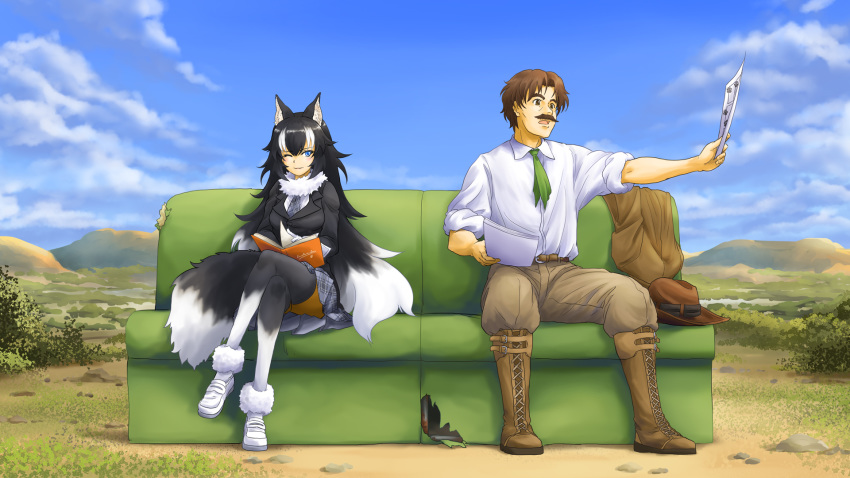 1boy 1girl ;) animal_ears black_hair black_legwear blue_eyes blush boots breasts brown_eyes brown_hair commentary commentary_request crossed_legs eyebrows_visible_through_hair facial_hair fur_collar gloves grey_wolf_(kemono_friends) hat highres kemono_friends large_breasts long_hair looking_at_another looking_to_the_side multicolored_hair mustache naka_(nicovideo14185763) necktie one_eye_closed outdoors sitting smile tagme tail two-tone_hair white_gloves white_hair white_legwear wolf_ears wolf_girl wolf_tail