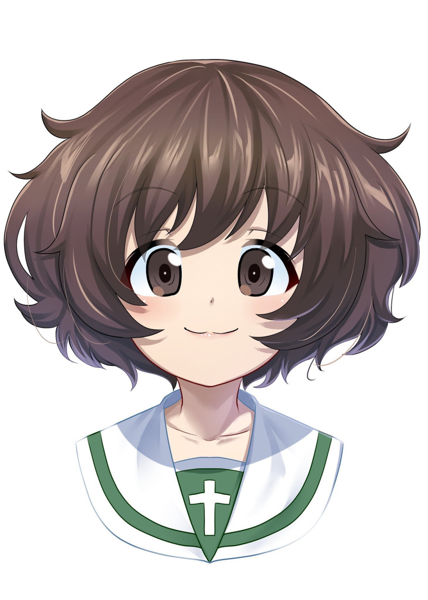 1girl :3 akiyama_yukari bangs blouse brown_eyes brown_hair closed_mouth cropped_shoulders dated excel_(shena) eyebrows_visible_through_hair girls_und_panzer highres lips looking_at_viewer messy_hair ooarai_school_uniform portrait school_uniform serafuku short_hair simple_background smile solo white_background white_blouse