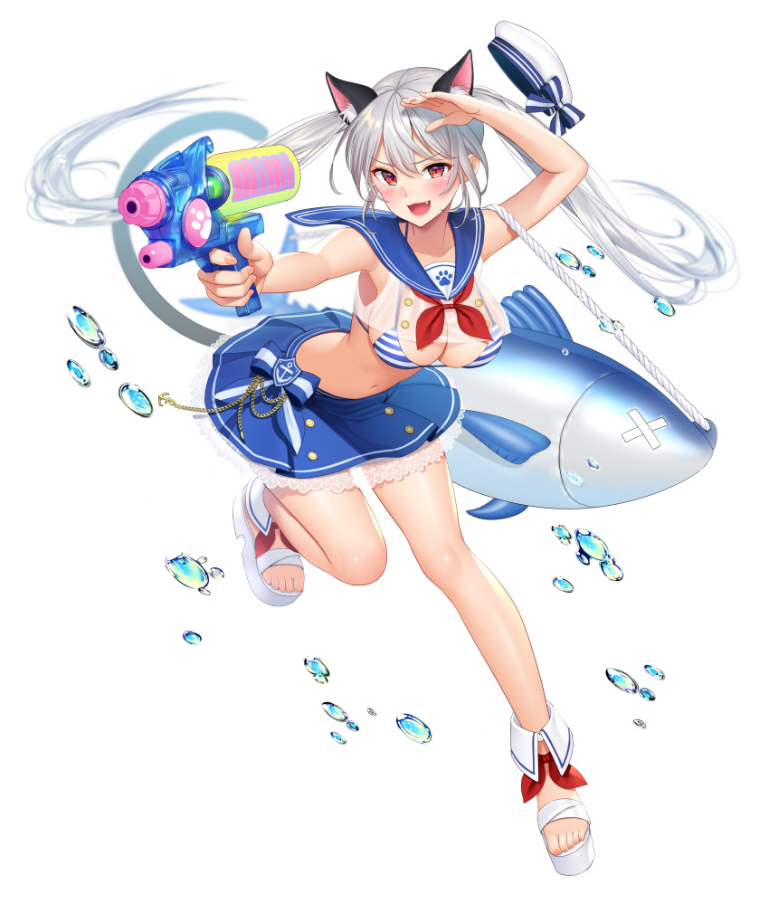 1girl :d absurdres animal_ear_fluff animal_ears arm_up armpits bare_arms bare_legs bare_shoulders beret bikini blue_bikini blue_sailor_collar blue_skirt bubble cat_ears cat_girl cat_tail crop_top extra_ears fang fish floating_hair full_body hair_between_eyes halter_top halterneck harajuku_mimi hat hat_removed headwear_removed highres holding leg_up long_hair looking_at_viewer midriff miniskirt navel neckerchief open_mouth outstretched_arm pleated_skirt red_eyes rope sailor_collar sailor_shirt sandals see-through shimashima08123 shirt sidelocks silver_hair skirt sleeveless sleeveless_shirt smile solo stomach string_bikini striped striped_bikini swimsuit tail thighs tokyo_exe_girls twintails v-shaped_eyebrows water_gun white_background white_footwear white_headwear