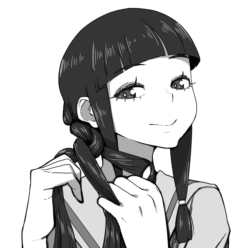 1girl absurdres bangs blunt_bangs braiding_hair bright_pupils closed_mouth eyebrows_visible_through_hair greyscale hairdressing hands_up highres kantai_collection kitakami_(kantai_collection) long_hair looking_at_viewer monochrome school_uniform serafuku simple_background smile solo tocky white_background white_pupils