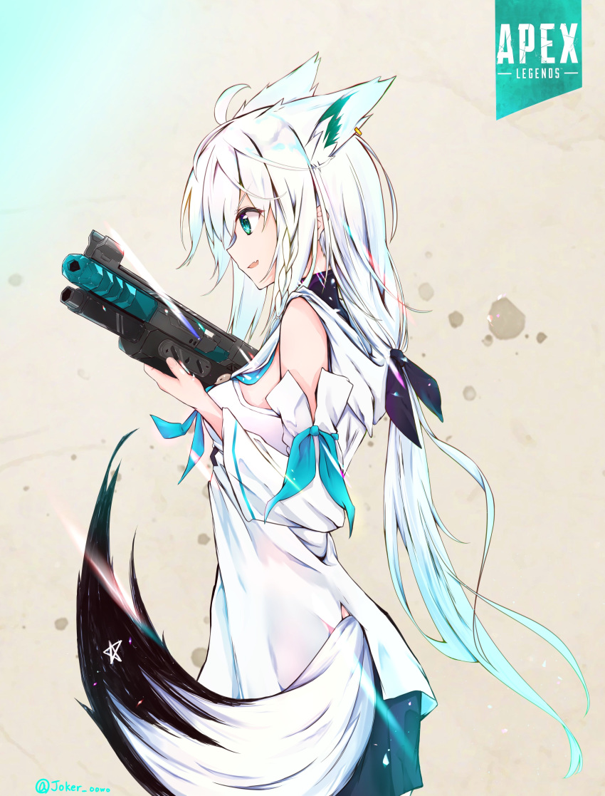 1girl absurdres ahoge animal_ears apex_legends aqua_eyes black_shorts braid breasts commentary copyright_name cowboy_shot crossover detached_sleeves earrings fox_ears fox_tail from_side grey_background gun hair_ribbon highres holding holding_gun holding_weapon hololive jewelry joker_oowo light_rays long_hair medium_breasts open_mouth pentagram ponytail profile ribbon shirakami_fubuki short_shorts shorts shotgun side_braid simple_background smile solo tail virtual_youtuber weapon white_hair white_hoodie