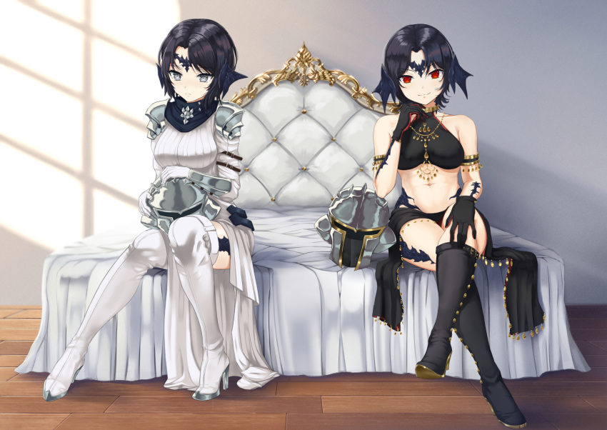 2girls armlet armor au_ra bangs bare_shoulders bed belt black_gloves black_hair black_skirt boots breasts bustier crossed_legs dragon_girl dragon_horns dress final_fantasy final_fantasy_xiv freckles gloves gold helmet high_heel_boots high_heels highres horns jewelry knee_boots looking_at_viewer medium_breasts midriff miniskirt multiple_girls navel neck_ring necklace parted_bangs red_eyes ruby_suguri scales seductive_smile short_hair shoulder_armor sitting skirt smile stomach thigh-highs thigh_boots white_dress white_eyes white_footwear white_gloves wooden_floor