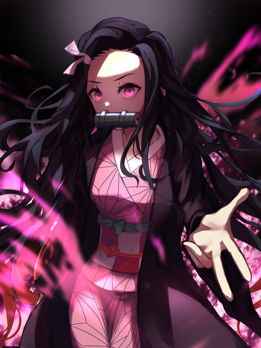 1girl absurdres black_background black_hair blurry_foreground cowboy_shot dbeka0622 hair_ribbon haori highres japanese_clothes kamado_nezuko kimetsu_no_yaiba kimono long_hair multicolored_hair obi pink_eyes pink_kimono print_kimono redhead ribbon sash solo standing two-tone_hair very_long_hair white_ribbon