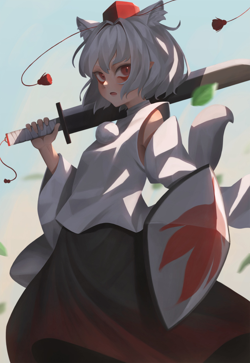 1girl animal_ears detached_sleeves djjj5322 dog_ears eyeshadow hat highres holding holding_shield holding_sword holding_weapon inubashiri_momiji looking_at_viewer makeup open_mouth red_eyes red_eyeshadow red_headwear sheath sheathed shield short_hair solo sword tokin_hat touhou weapon white_hair
