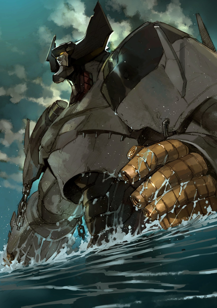 babel_ii blue_sky chain clouds cloudy_sky crack glowing glowing_eyes highres marine_day mecha no_humans ocean outdoors parted_lips partially_submerged poseidon_(babel_ii) robot scratches shimoguchi_tomohiro sky water wet yellow_eyes