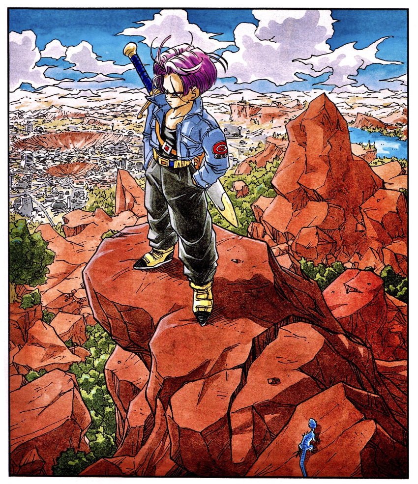 1991 1boy animal belt black_pants black_shirt blue_eyes blue_sky boots border building bush capsule_corp city cityscape clouds cloudy_sky collarbone collared_jacket commentary crater day denim denim_jacket dragon_ball dragon_ball_z floating_hair frown hands_in_pockets highres horizon jacket lake lizard looking_down male_focus mountain mountainous_horizon official_art open_clothes open_jacket outdoors pants purple_hair rock serious shaded_face shadow shirt sky standing sword toriyama_akira tree trunks_(future)_(dragon_ball) water weapon white_border wide_shot yellow_footwear