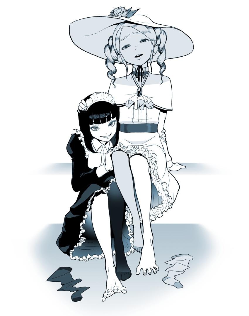 2girls :d absurdres arm_support bangs barefoot blue_theme blunt_bangs capelet copyright_request dress drill_hair flower hat hat_flower head_tilt highres long_sleeves looking_at_viewer maid medium_hair monochrome multiple_girls neck_ribbon open_mouth parted_lips ribbon ringed_eyes rose sash single_thighhigh sitting smile sun_hat thigh-highs thighhighs_removed tocky toenails toes twin_drills white_background