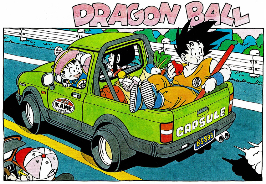 1girl 3boys :d apple bag baseball_cap black_eyes black_hair blue_footwear boots border bush chi-chi_(dragon_ball) closed_mouth clothes_writing collarbone commentary copyright_name crossed_ankles dougi dragon_ball dragon_ball_(object) dragon_ball_z driving eating elbow_rest facial_hair facing_away family father_and_son food from_above fruit full_body glasses grass ground_vehicle guard_rail hand_on_headwear happy hat highres highway holding holding_food leaning leaning_forward license_plate looking_afar looking_at_another looking_back messy_hair mother_and_son motor_vehicle multiple_boys mustache muten_roushi number nyoibo official_art open_mouth outdoors pink_headwear ponytail profile radish rear-view_mirror sidelocks sitting smile smoke son_gohan son_gokuu sunglasses toriyama_akira truck vegetable white_border wristband yellow-framed_eyewear