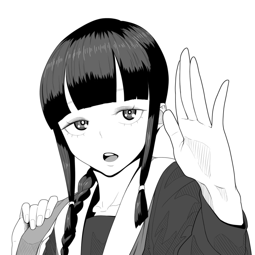 1girl absurdres bangs blunt_bangs braid bright_pupils fingernails greyscale hand_up highres kantai_collection kitakami_(kantai_collection) long_sleeves looking_at_viewer monochrome open_mouth ringed_eyes school_uniform serafuku simple_background solo tocky upper_body waving white_background white_pupils