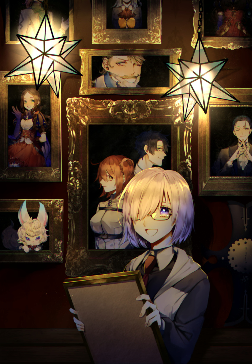 1girl absurdres ahoge albino_(a1b1n0623) bangs black_hair blonde_hair blue_eyes blue_gloves blush bow bowtie breasts brown_hair chaldea_uniform cravat creature facial_hair fate/grand_order fate_(series) forehead fou_(fate/grand_order) fujimaru_ritsuka_(female) fujimaru_ritsuka_(male) glasses gloves goldorf_musik hair_ornament hair_over_one_eye hair_scrunchie hands_together head_out_of_frame highres holding huge_filesize jacket labcoat leonardo_da_vinci_(fate/grand_order) leonardo_da_vinci_(rider)_(fate) light long_hair long_sleeves looking_at_viewer mash_kyrielight mustache necktie olga_marie_animusphere one_eye_closed one_side_up open_mouth orange_eyes orange_hair painting_(object) parted_bangs ponytail portrait puffy_sleeves purple_hair romani_archaman saint_quartz scrunchie sherlock_holmes_(fate/grand_order) shield shiny shiny_hair short_hair side_ponytail smile solo violet_eyes white_gloves