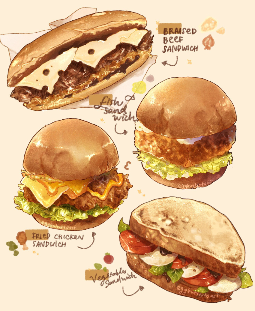 arrow_(symbol) beef bread_bun cheese chicken_(food) english_text food hamburger highres lettuce mayonnaise melting nao_(bestrollever) no_humans paper_towel salad sandwich swiss_cheese tomato