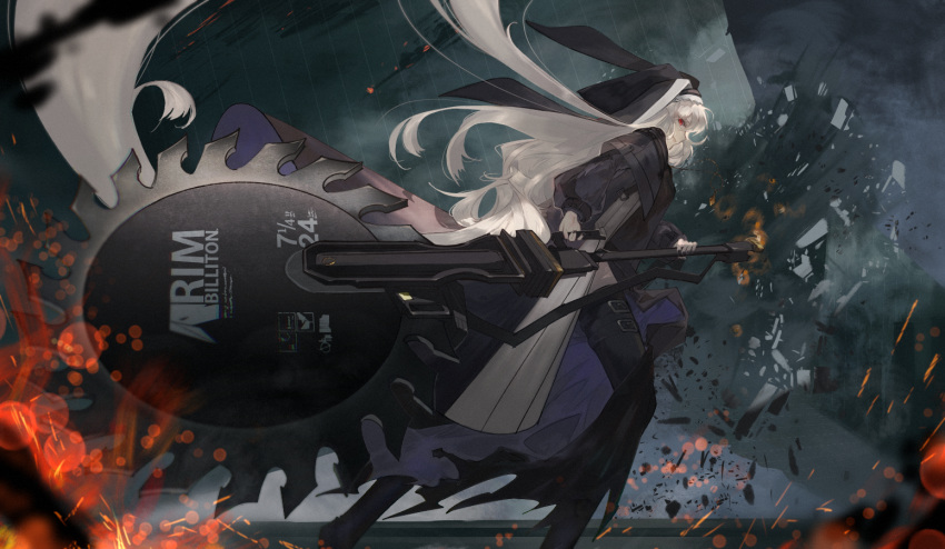 1girl arknights black_nails circular_saw debris jewelry long_hair pendant red_eyes sparks specter_(arknights) thigh-highs veil very_long_hair white_hair