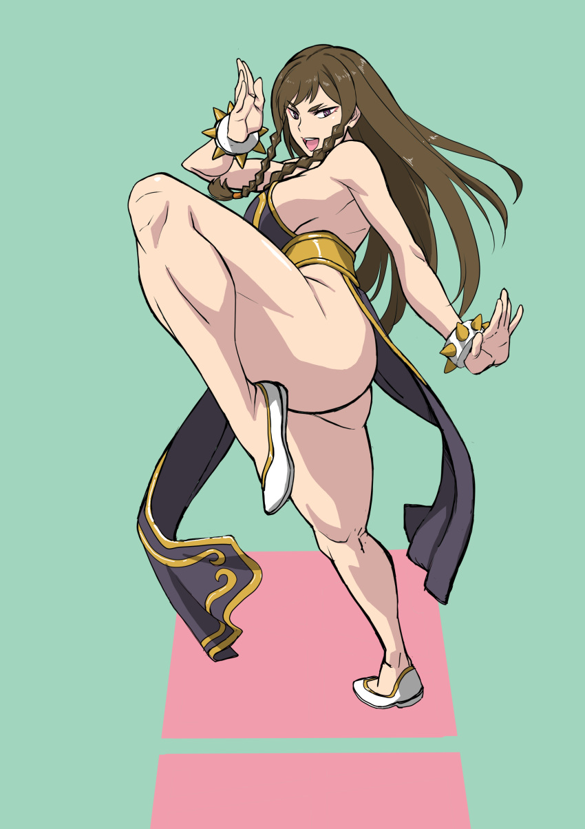 absurdres bare_arms bare_legs bare_shoulders blue_dress bracelet breasts brown_eyes brown_hair bun_cover china_dress chinese_clothes chun-li double_bun dress highres jewelry makinaru no_bra shoes sideboob spiked_bracelet spikes street_fighter
