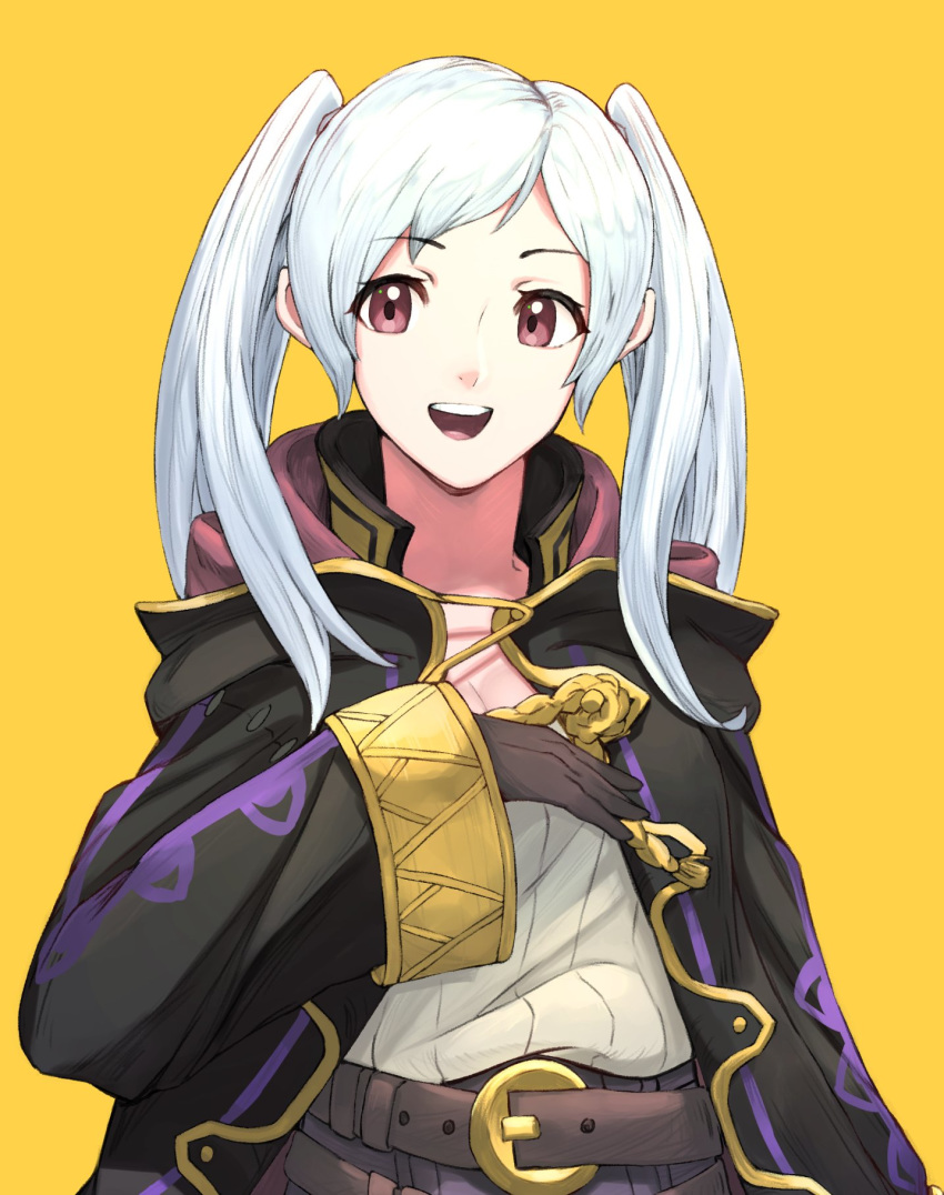 1girl belt brown_gloves fire_emblem fire_emblem_awakening gloves grimmelsdathird highres hood hood_down long_sleeves open_mouth red_eyes robin_(fire_emblem) robin_(fire_emblem)_(female) simple_background solo twintails upper_body white_hair yellow_background