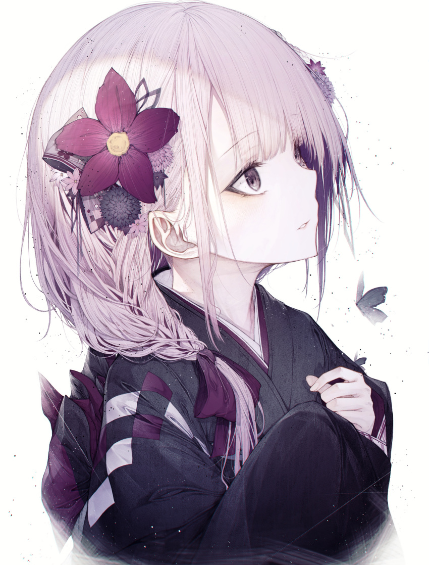 1girl absurdres black_kimono blush bug butterfly checkered commentary_request flower hair_flower hair_ornament hair_over_shoulder hand_on_own_chest highres hito_komoru huge_filesize insect japanese_clothes kimono long_hair long_sleeves looking_away looking_up low_ponytail original parted_lips pink_hair purple_flower simple_background solo upper_body violet_eyes white_background