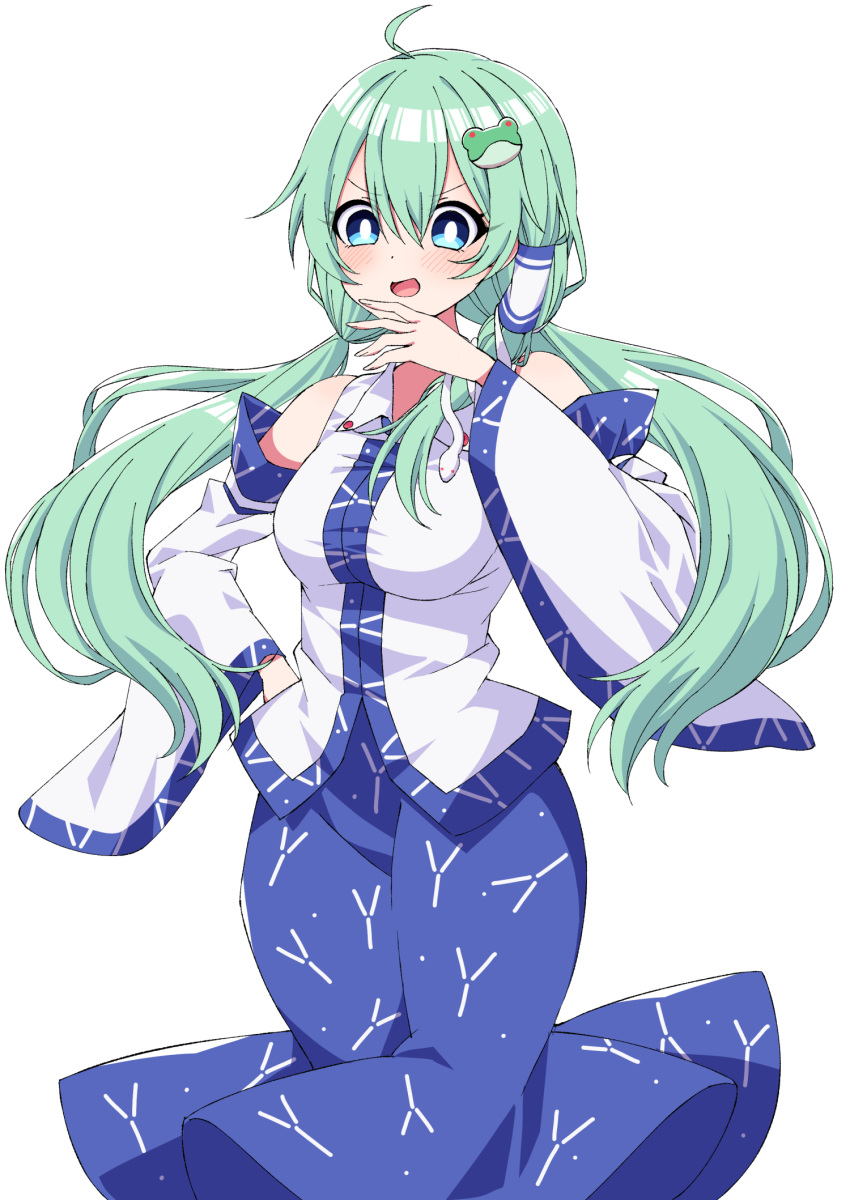 1girl ahoge alternate_hairstyle blue_skirt blush bright_pupils commentary_request crossed_legs detached_sleeves frog_hair_ornament furrowed_eyebrows green_eyes green_hair hair_between_eyes hair_ornament hair_tubes hand_on_hip highres kochiya_sanae long_hair looking_at_viewer low_twintails ojou-sama_pose open_mouth shirt simple_background skirt snake_hair_ornament solo standing touhou tsukimirin twintails very_long_hair white_background white_pupils white_shirt