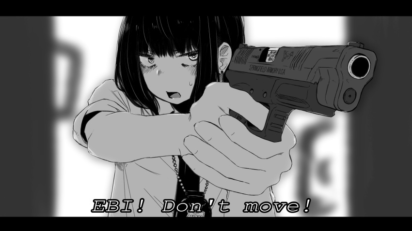1girl absurdres bangs blunt_bangs blurry blurry_background blush border ear_piercing english_text greyscale gun handgun highres holding holding_gun holding_weapon jewelry monochrome necklace open_mouth original piercing shirt short_hair short_sleeves solo sweat taida weapon weapon_request