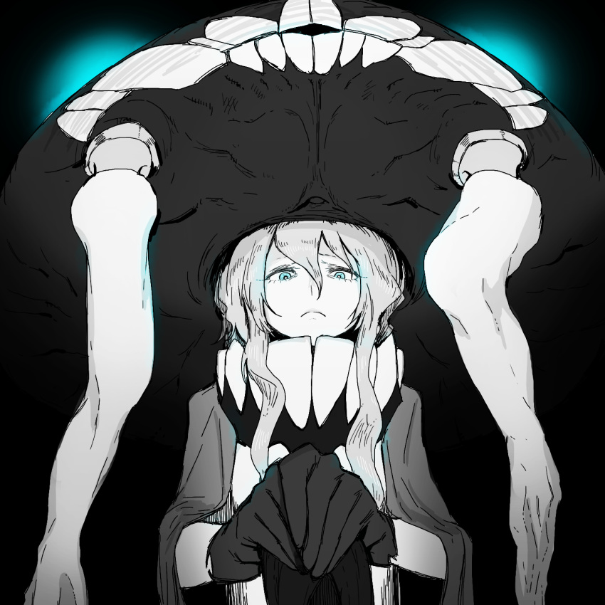 1girl blue_eyes blue_theme bright_pupils cape closed_mouth gloves glowing hair_between_eyes highres kantai_collection long_hair looking_at_viewer monochrome solo tentacles tocky upper_body white_pupils wo-class_aircraft_carrier