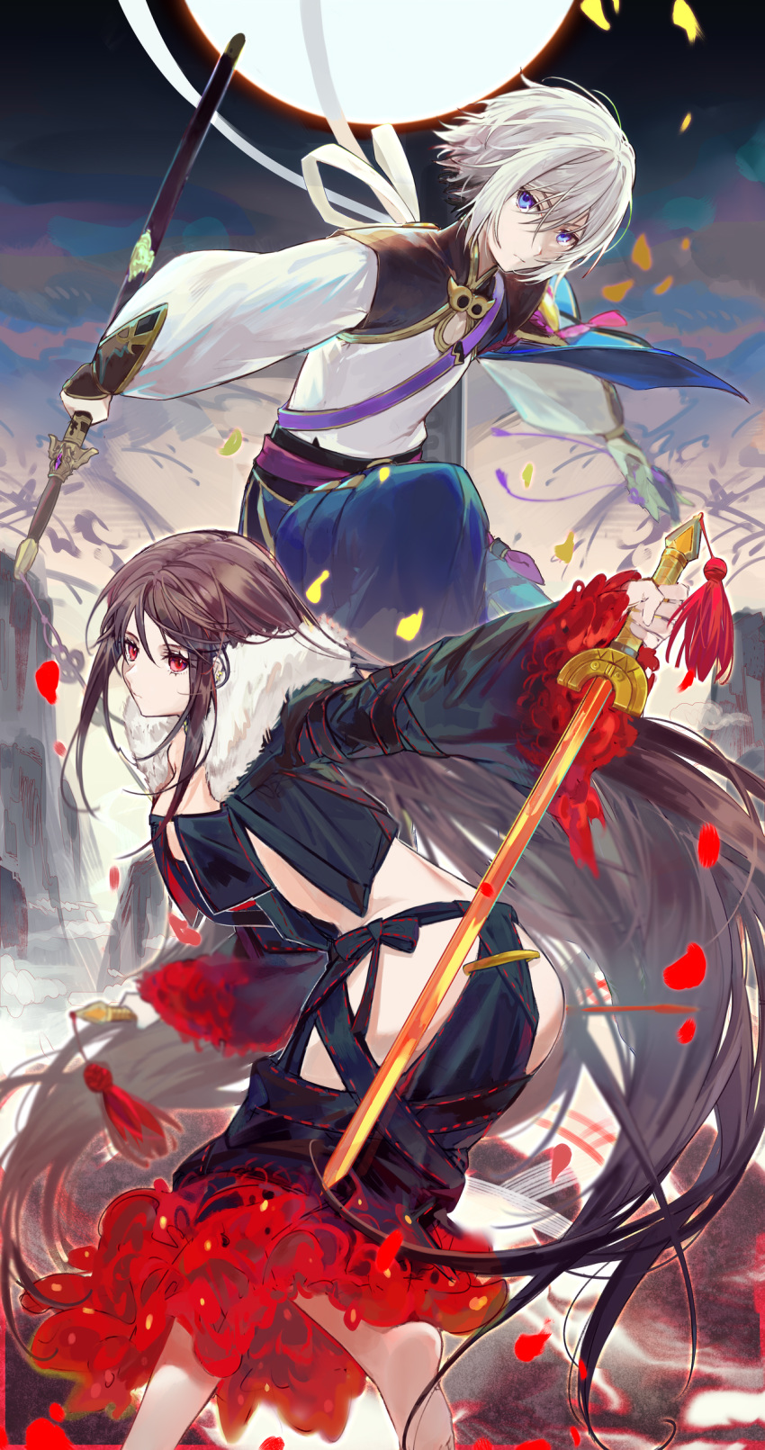 1boy 1girl ass bangs bare_shoulders black_dress black_jacket blue_eyes blue_pants breasts brown_hair center_opening consort_yu_(fate) csyday dress dual_wielding earrings fate/grand_order fate_(series) full_moon fur-trimmed_jacket fur_trim gao_changgong_(fate) highres holding jacket jewelry long_hair long_sleeves looking_at_viewer medium_breasts moon multiple_earrings night night_sky open_clothes open_jacket pants petals puffy_long_sleeves puffy_sleeves red_eyes ribbon-trimmed_dress sash shirt short_hair silver_hair sky sword thighs very_long_hair weapon white_shirt