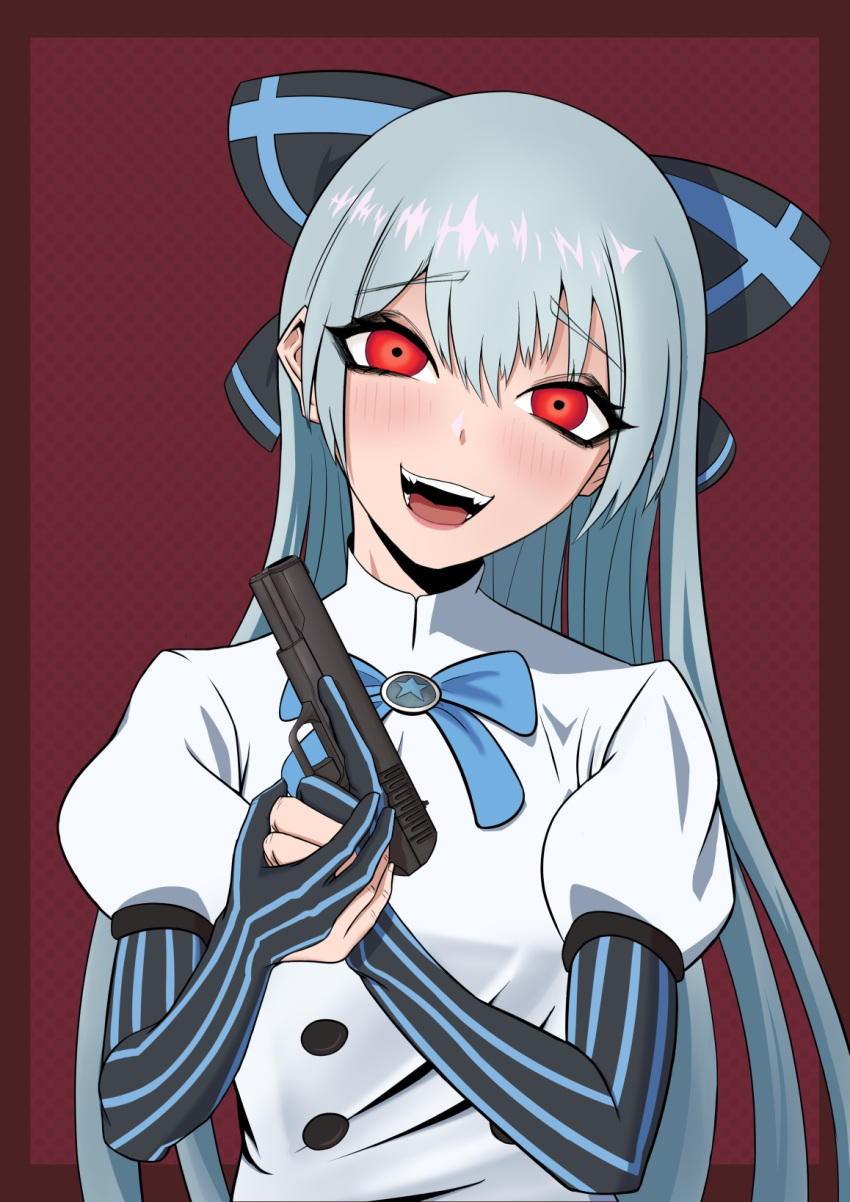 1girl blush bow eyebrows_visible_through_hair fangs girls_frontline gloves gun hair_bow handgun highres light_blue_hair long_hair looking_at_viewer open_mouth partly_fingerless_gloves pinstripe_pattern puffy_short_sleeves puffy_sleeves red_eyes rossam short_sleeves smile solo striped tokarev_(girls_frontline) tokarev_tt-33 trigger_discipline very_long_hair weapon