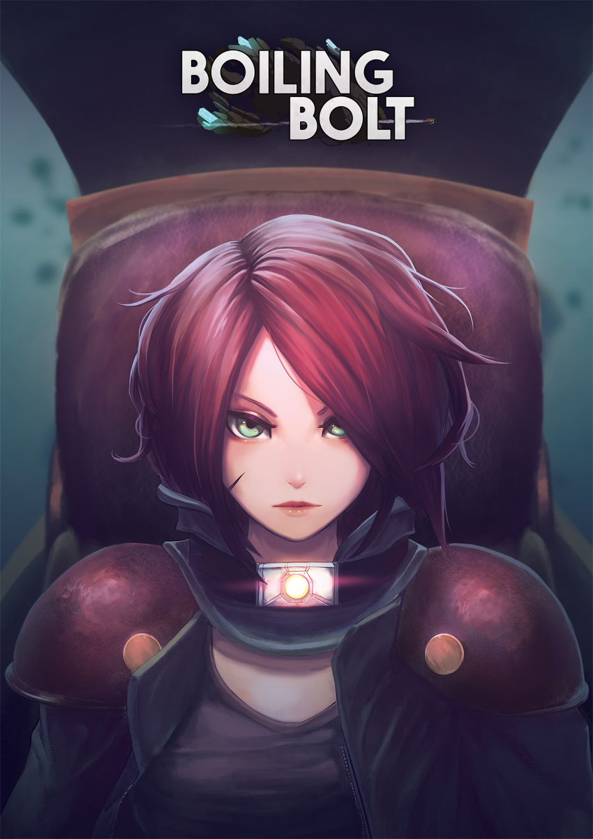 1girl boiling_bolt close-up cockpit copyright_name ctiahao english_commentary green_eyes highres june_(boiling_bolt) logo looking_ahead official_art redhead short_hair solo