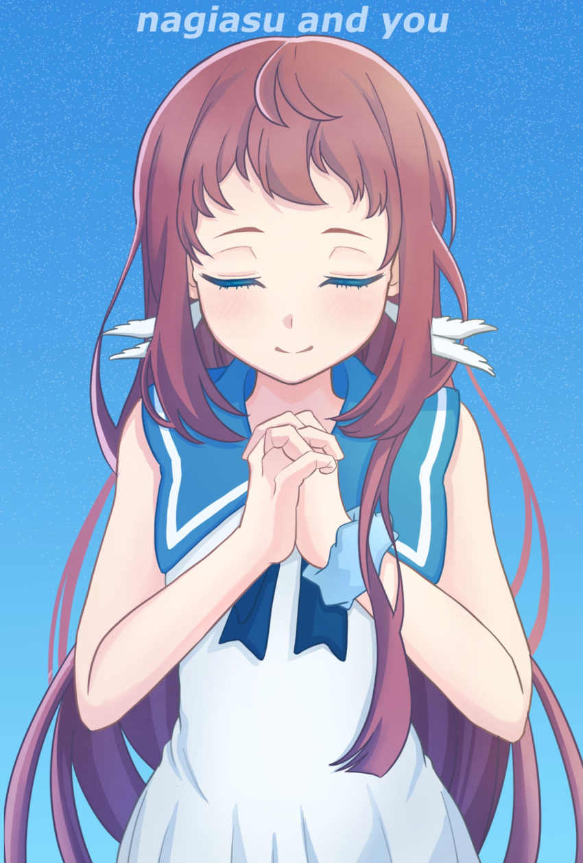 blue_background blue_sailor_collar blue_scrunchie brown_hair closed_eyes commentary_request cowboy_shot dress facing_viewer gradient gradient_background hands_clasped highres long_hair mukaido_manaka nagi_no_asukara own_hands_together sailor_collar sailor_dress school_uniform scrunchie serafuku sleeveless sleeveless_dress smile tsukimiya_kanade white_dress wrist_scrunchie