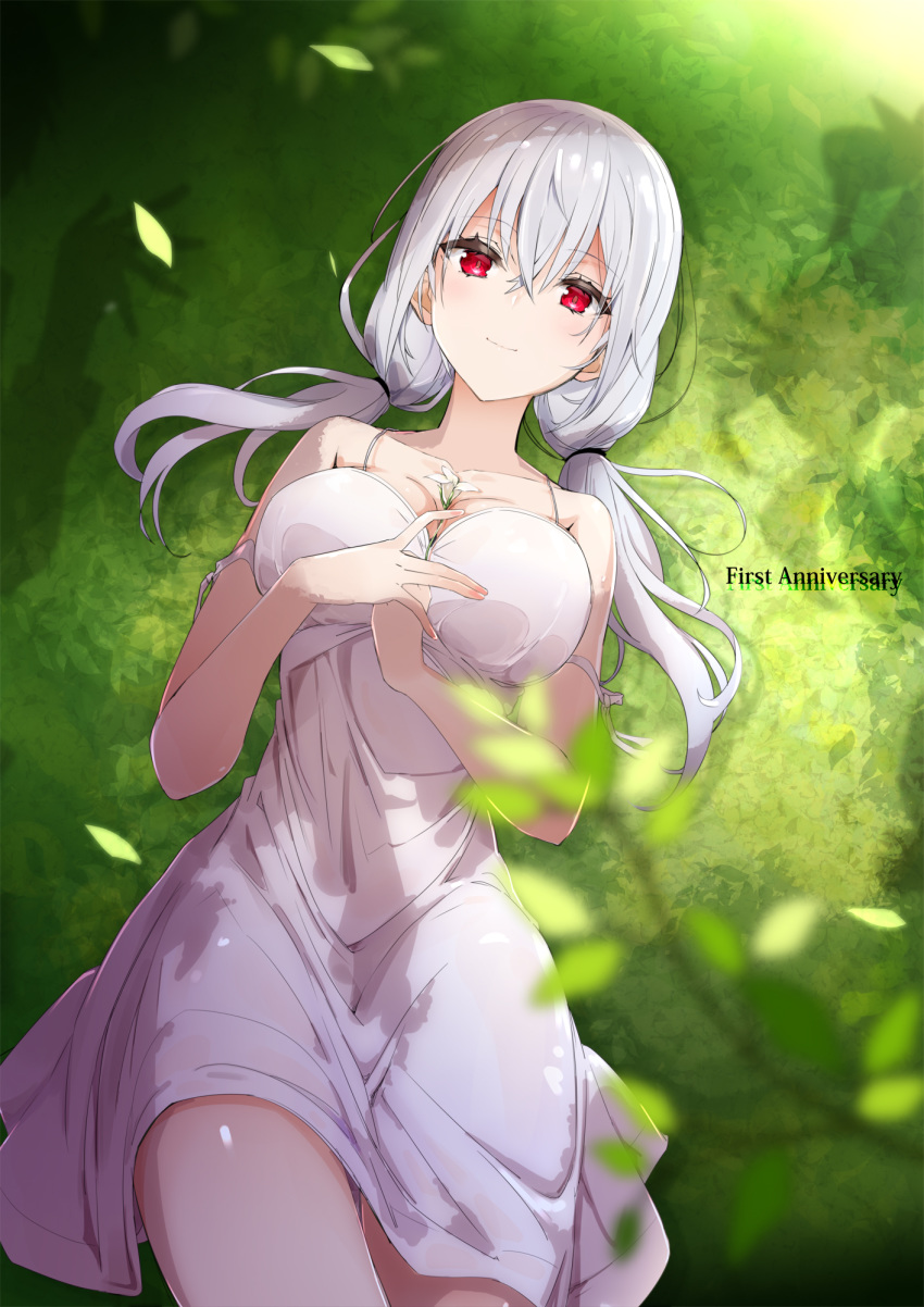 1girl blue_eyes blush breasts dress grass hair_between_eyes hakase_fuyuki highres looking_at_viewer lying on_back original simple_background sleeveless sleeveless_dress smile solo twintails vane white_dress