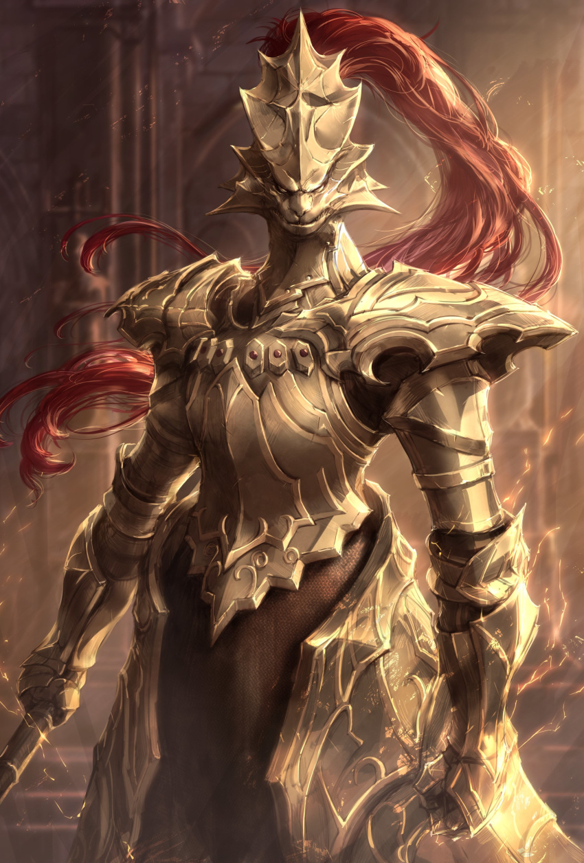 1boy absurdres armor blurry blurry_background breastplate chainmail commentary_request cowboy_shot dark_souls dragon_slayer_ornstein electricity gauntlets helmet highres holding_polearm looking_at_viewer michairu plume polearm shoulder_armor solo souls_(from_software) weapon