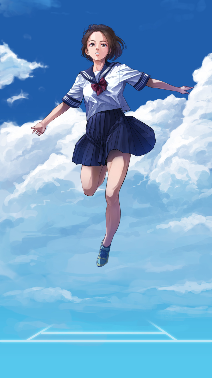 1girl absurdres aqua_footwear black_hair blue_sky bob_cut bow bowtie brown_eyes clouds full_body highres jumping leg_up looking_at_viewer navy_blue_sailor_collar navy_blue_skirt original otsu_natsu outstretched_arms parted_lips pleated_skirt red_bow red_neckwear running school_uniform serafuku shirt shoes short_hair skirt sky sneakers solo white_shirt