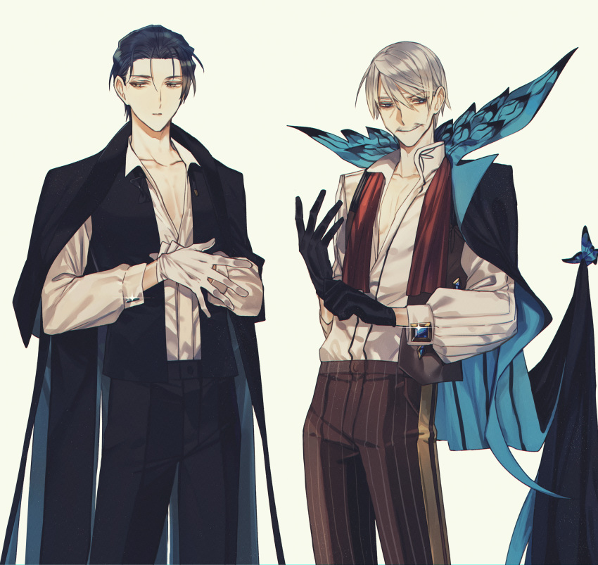 2boys absurdres adjusting_clothes adjusting_gloves albino_(a1b1n0623) bangs black_gloves black_hair blue_eyes bug butterfly chest collarbone facial_hair fate/grand_order fate_(series) formal gloves green_eyes grey_hair highres huge_filesize insect james_moriarty_(fate/grand_order) long_sleeves looking_at_viewer male_focus multiple_boys mustache open_clothes open_mouth open_shirt pants sherlock_holmes_(fate/grand_order) smile upper_body vest white_gloves