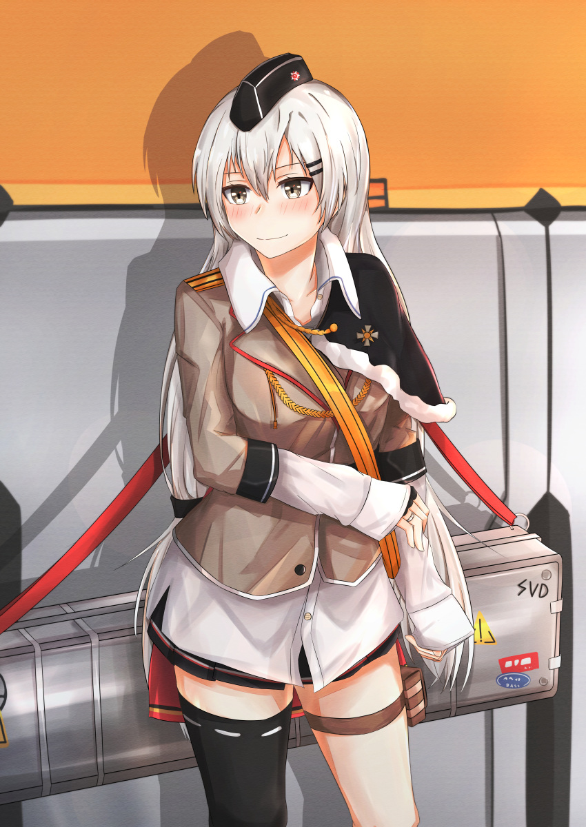 1girl absurdres baggy_pants barrette black_legwear black_skirt blush breasts character_name collarbone girls_frontline grey_eyes hat highres huge_filesize jewelry legs long_hair looking_away military military_hat military_uniform pants ring shirt silver_hair simple_background single_thighhigh skirt smile solo svd_(girls_frontline) svd_fun tape thigh-highs uniform weapon_case white_hair white_shirt