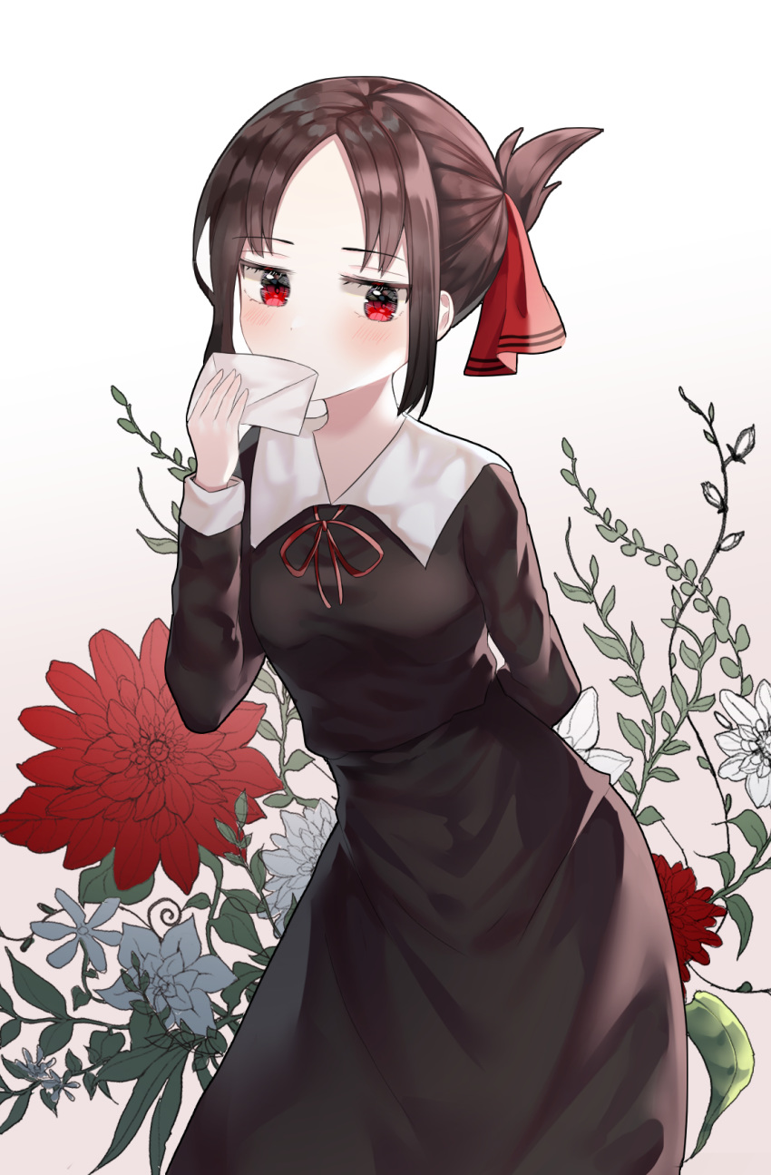 1girl arm_behind_back bangs black_dress blush breasts collarbone collared_dress commentary_request dress eyebrows_visible_through_hair flower folded_ponytail grey_background hair_ribbon highres holding holding_letter kaguya-sama_wa_kokurasetai_~tensai-tachi_no_renai_zunousen~ long_sleeves looking_at_viewer nannung parted_bangs red_eyes red_flower red_ribbon ribbon shinomiya_kaguya simple_background solo white_background