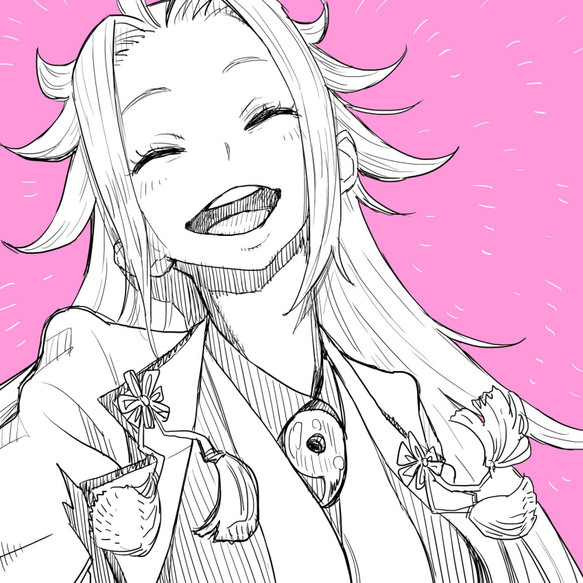 1girl bangs closed_eyes highres jacket jun'you_(kantai_collection) kantai_collection limited_palette long_hair magatama monochrome open_mouth parted_bangs pink_background shadow shirt sketch smile solo spiky_hair teeth tocky upper_body
