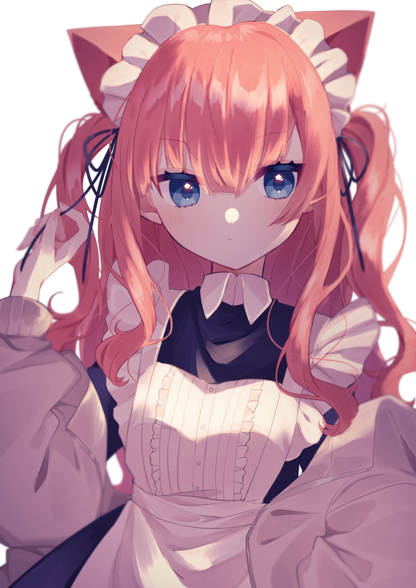 1girl absurdres animal_ears apron bangs blue_eyes cat_ears center_frills frown grey_jacket hair_ribbon highres hinakano_h jacket long_hair long_sleeves looking_at_viewer maid maid_apron maid_dress maid_headdress original redhead ribbon solo two_side_up upper_body white_apron white_background