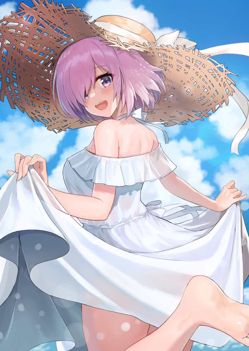 1girl absurdres ayul_(ayulneri_92) bangs bare_shoulders blue_sky blush breasts dress fate/grand_order fate_(series) feet hair_over_one_eye hat highres large_breasts lavender_hair looking_at_viewer looking_back mash_kyrielight open_mouth ribbon short_hair sky smile straw_hat violet_eyes white_dress white_ribbon