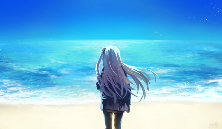 1girl armband beach black_legwear blue_sky from_behind girls_frontline grey_hair hood hooded_jacket jacket long_hair ocean one_side_up pantyhose sand shore silver_hair sky standing tsuki_tokage ump45_(girls_frontline) water waves