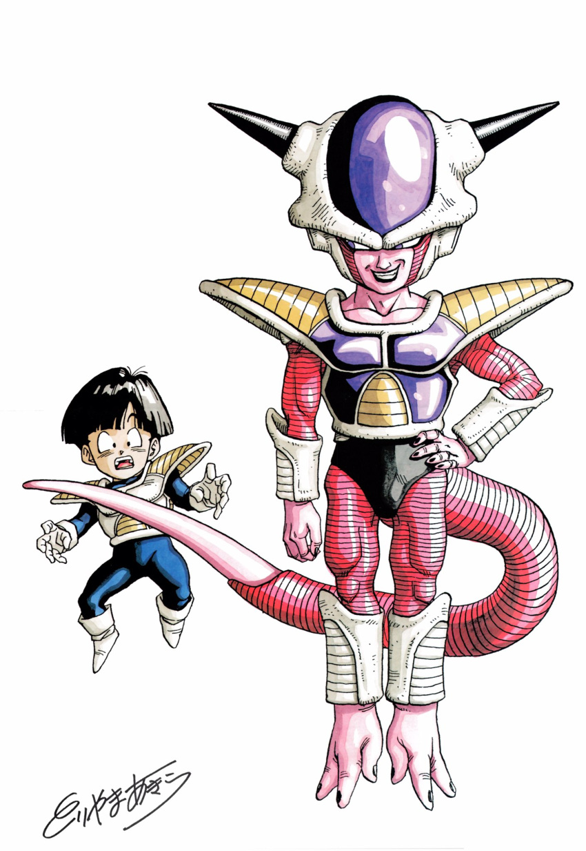 2boys arm_at_side armor arms_at_sides black_bodysuit black_eyes black_hair bodysuit boots bowl_cut clenched_teeth commentary dot_nose dragon_ball dragon_ball_z evil_grin evil_smile fingernails floating frieza full_body gloves grin hand_on_hip highres horns legs_together looking_at_another looking_back looking_to_the_side male_focus multiple_boys official_art open_mouth parted_lips pectorals scared shiny shiny_hair signature simple_background smile son_gohan surprised tail teeth toenails toriyama_akira violet_eyes white_background white_footwear white_gloves wide-eyed