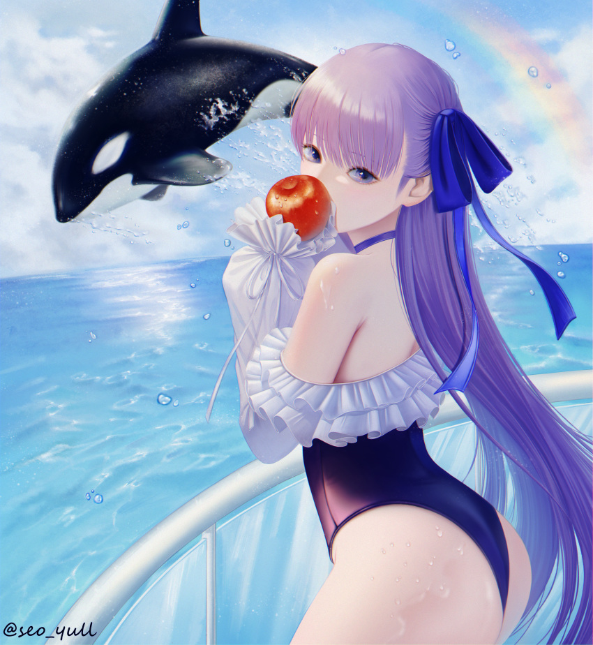 1girl absurdres animal apple ass back bangs bare_shoulders biting blue_eyes blue_ribbon choker clouds commentary day eating eyebrows_visible_through_hair fate/grand_order fate_(series) food frills fruit glass hair_ribbon highleg highleg_swimsuit highres huge_filesize long_hair long_sleeves looking_at_viewer meltryllis meltryllis_(swimsuit_lancer)_(fate) ocean off-shoulder_swimsuit one-piece_swimsuit orca outdoors puffy_sleeves purple_hair railing rainbow ribbon seoyul sky sleeves_past_fingers sleeves_past_wrists splashing swimsuit thighs twitter_username very_long_hair water