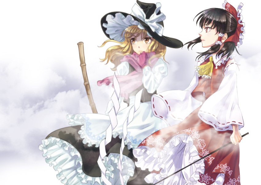 2girls ascot black_hair blonde_hair bow broom clouds commentary_request detached_sleeves fog frilled_bow frilled_shirt_collar frills gloves gohei hair_bow hair_tubes hakurei_reimu hat hat_bow kirisame_marisa kyuu_umi lips long_sleeves multiple_girls petticoat pink_gloves pink_scarf red_bow red_shirt red_skirt ribbon-trimmed_sleeves ribbon_trim scarf shirt skirt touhou white_bow witch_hat yellow_eyes yellow_neckwear