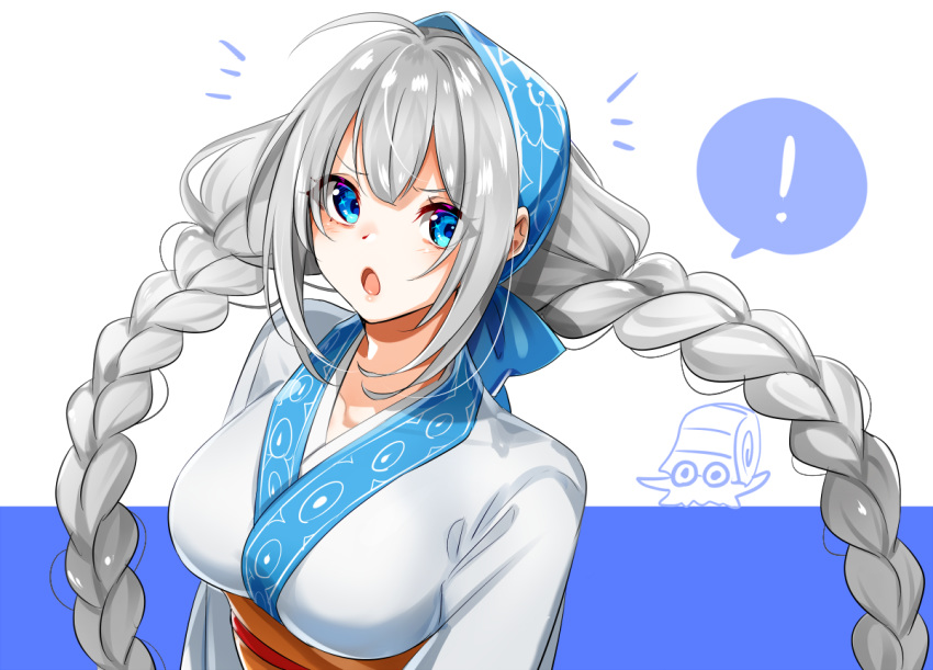 ! /\/\/\ 1girl :o alternate_costume bangs blue_eyes blush braid breasts collarbone commentary_request crossover eyebrows_visible_through_hair gen_1_pokemon head_scarf japanese_clothes kimono kizuna_akari large_breasts long_hair looking_at_viewer obi omanyte open_mouth pokemon pokemon_(creature) sash sidelocks silver_hair spoken_exclamation_mark twin_braids two-tone_background upper_body v-shaped_eyebrows very_long_hair voiceroid white_kimono yodare_(3yami8)